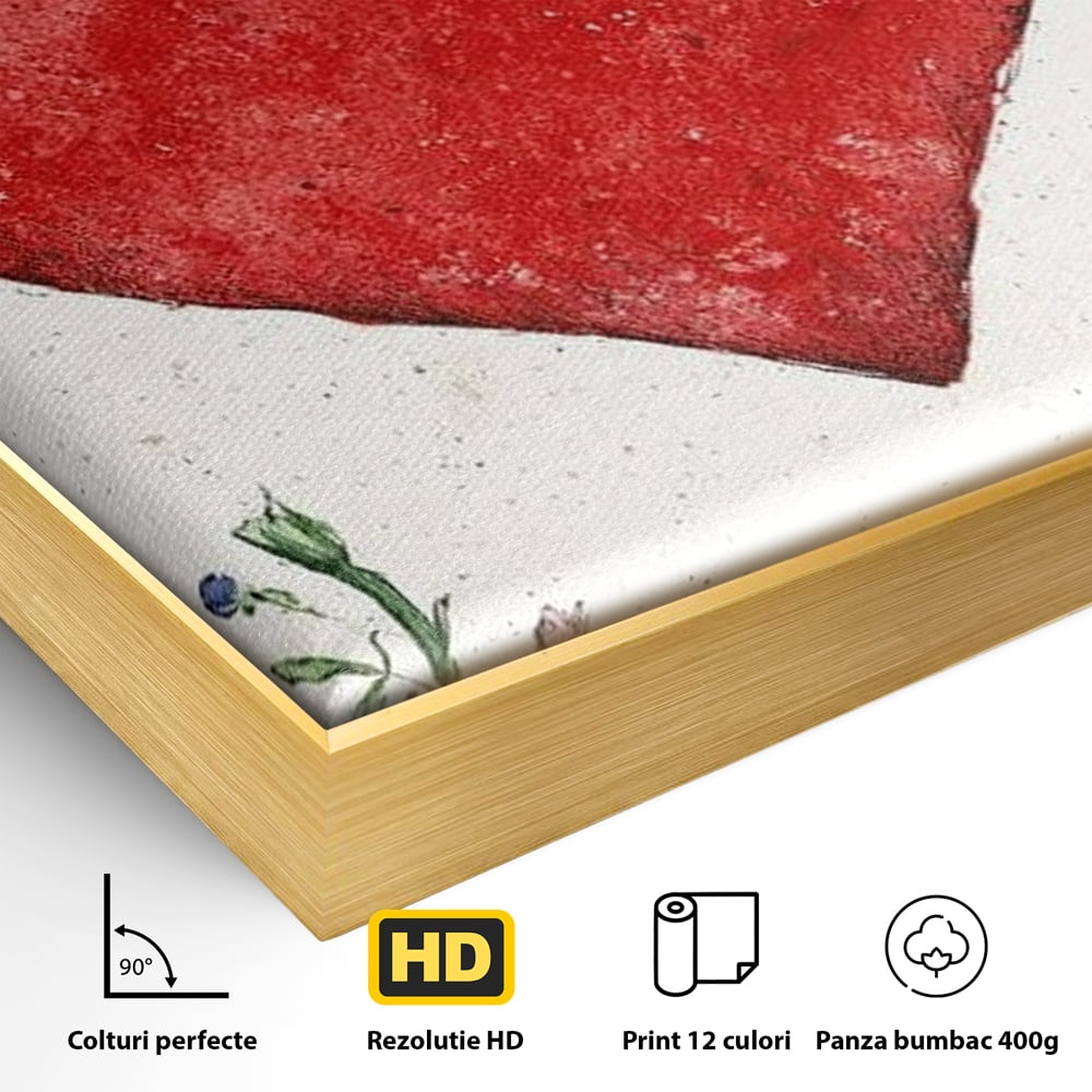 Detaliu al suprafetei: tablou canvas cu inima rosie si flori, in rama de aluminiu auriu